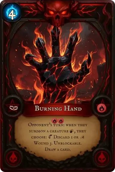 Burning Hand. Opponent's turn: when they summon a creature, they choose: Discard 1 or Wound 3. Unblockable. Draw a card.