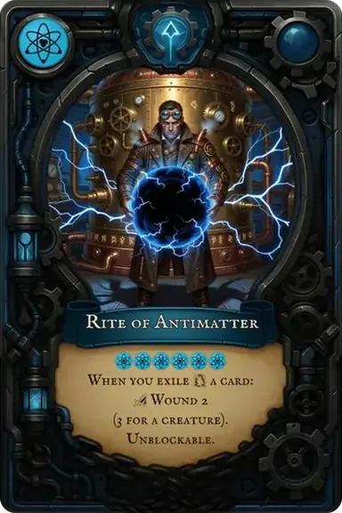 Rite of Antimatter. When you exile a card: Wound 2 (3 for a creature). Unblockable.