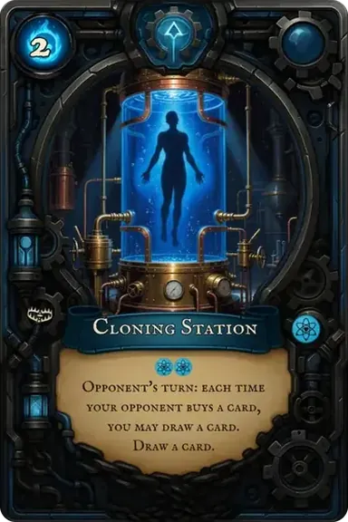 Cloning Station. Opponent's turn: each time your opponent buys a card, you may draw a card. Draw a card.