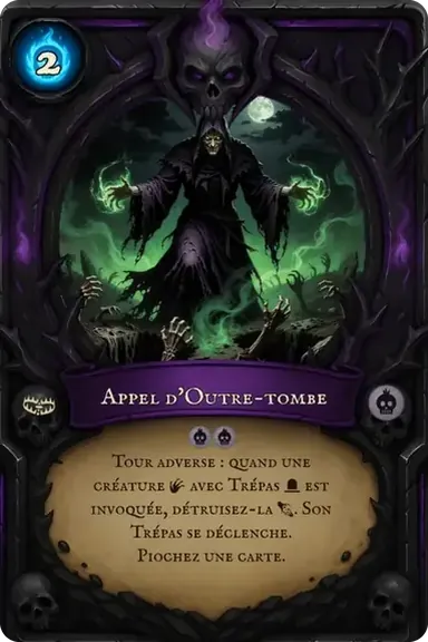 Appel d'Outre-tombe. Tour adverse : quand une créature avec Trépas est invoquée, détruisez-la. Son Trépas se déclenche. Piochez une carte.