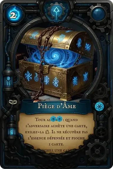 Piège d'Âme. Tour adverse : quand l'adversaire achète une carte, exilez-la. Il ne récupère pas l'essence dépensée et pioche 1 carte. Piochez une carte.