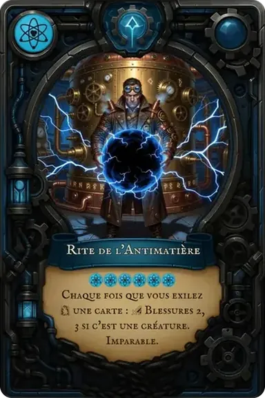 Rite de l'Antimatière. Chaque fois que vous exilez une carte : Blessures 2, 3 si c'est une créature. Imparable.