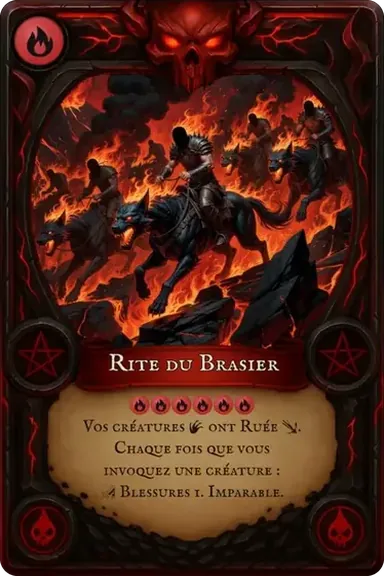 Rite du Brasier. Vos créatures ont Ruée. Chaque fois que vous invoquez une créature : Blessures 1. Imparable.