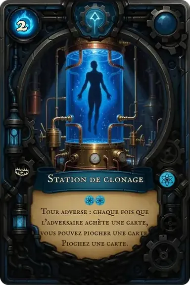 Station de clonage. Tour adverse : chaque fois que l'adversaire achète une carte, vous pouvez piocher une carte. Piochez une carte.